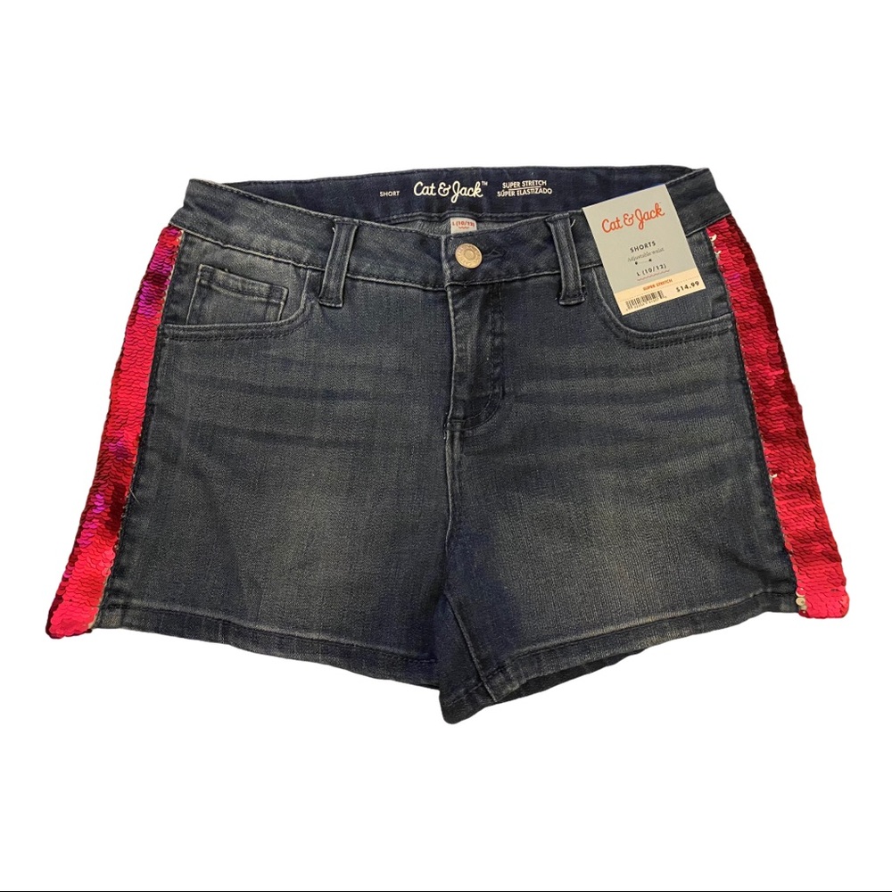 Cat & Jack Girls Denim Shorts Pink Sequins Large